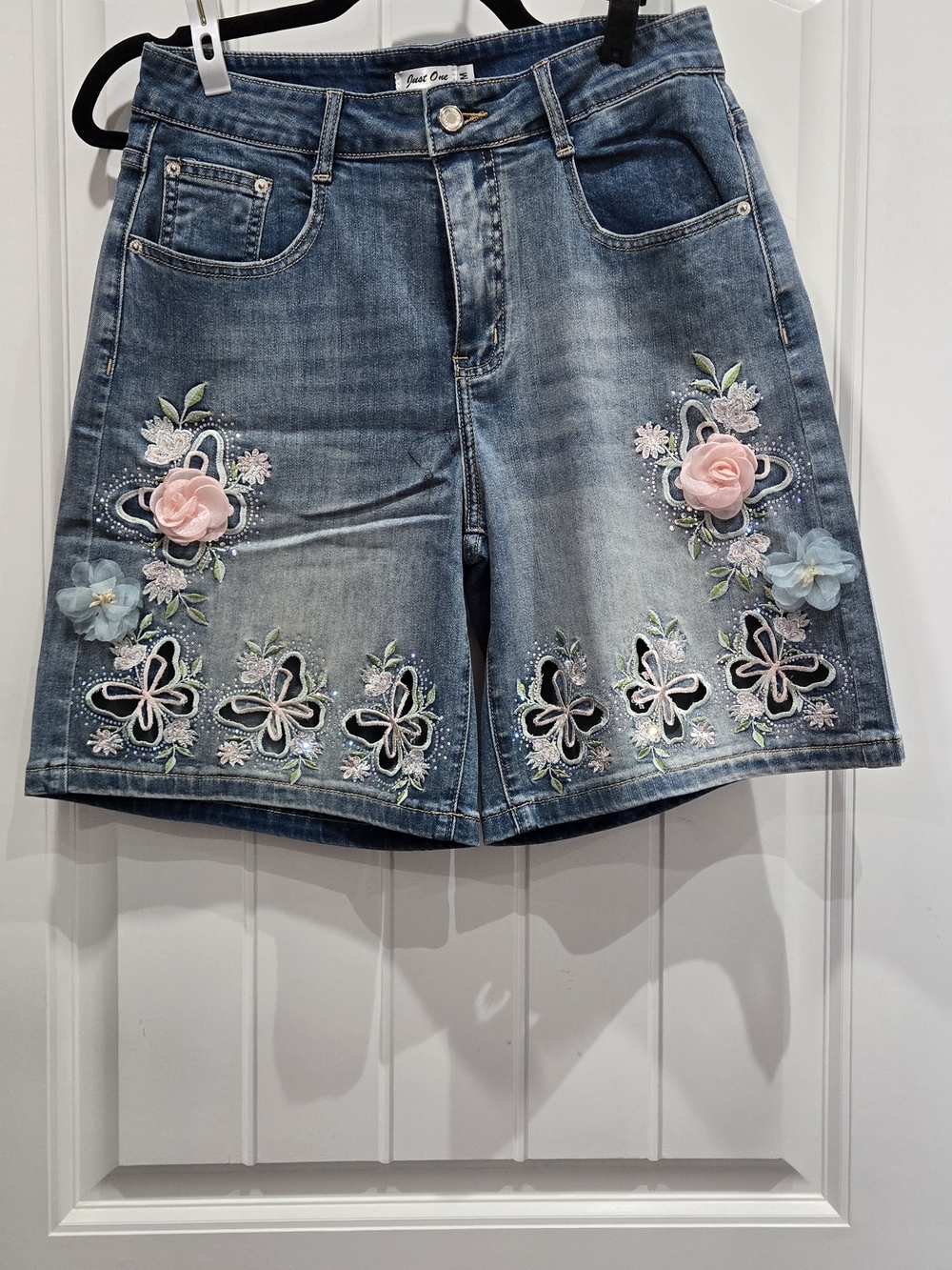 Just One Crystal And Embroidered Floral Denim Shorts
